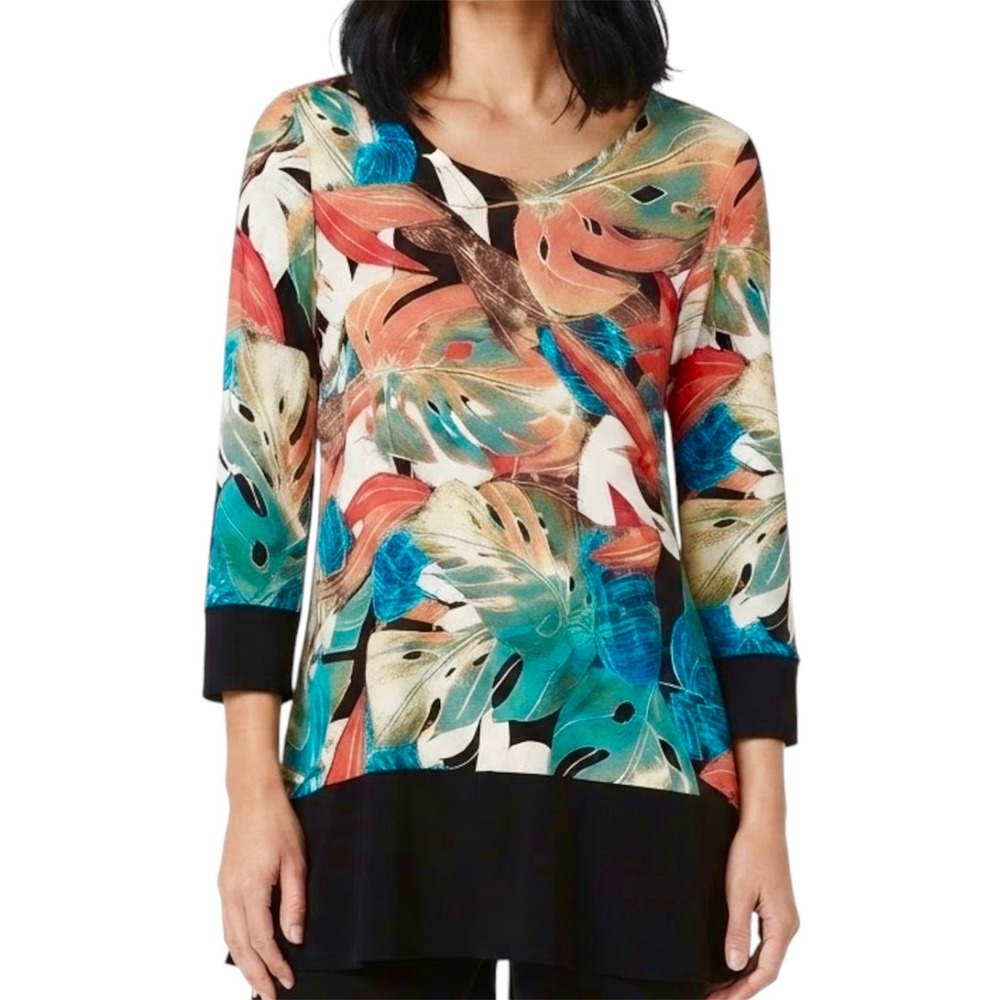 Joseph Ribkoff Tunic Top Women 8 Multicolor Tropical Monstera Leaf 3/4 Sleeve